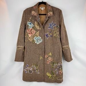 VTG Nygard Brown Tweed Overcoat Wool Floral Bird Embroidered Size 14